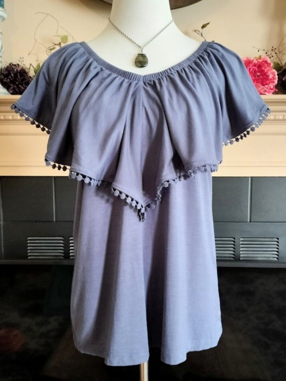 Pleione Ruffle Overlay Sleeveless Knit Top M Blue V-Neck Embroidered Trim